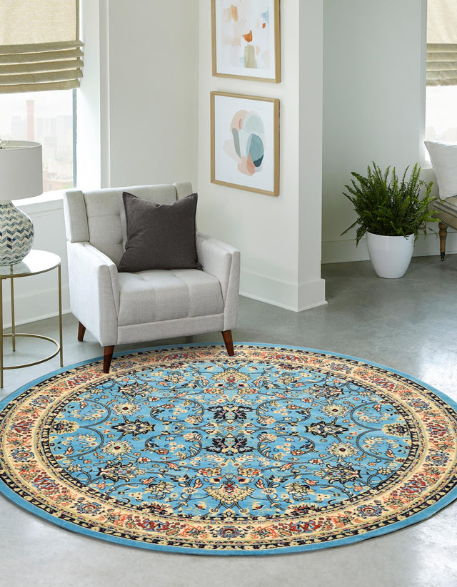 Light Blue 7' 10 x 7' 10 Sialk Hill Round Area Rug 100% Polypropylene Durable Easy Clean Classic Traditional Design Carpet for Interior Design for Sale at Rug Engine