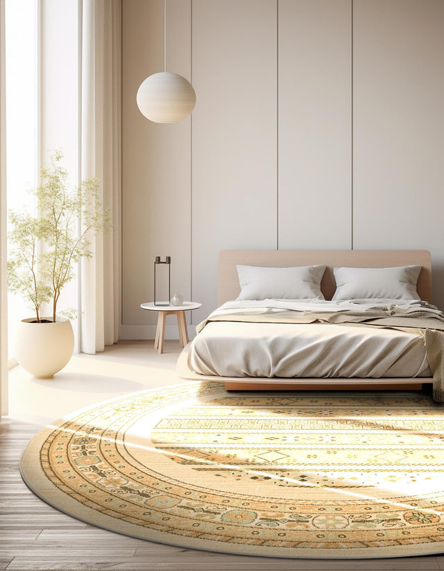 Ivory 6' 1 x 6' 1 Fars Round Area Rug 100% Polypropylene Unique Traditional Carpet for Classical Living, Dining Room & Office Spaces for Sale at Rug Engine