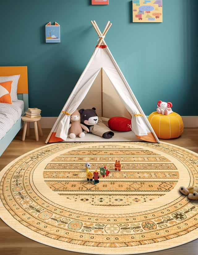 Ivory 8' x 8' Fars Round Area Rug 100% Polypropylene Unique Traditional Carpet for Classical Living, Dining Room & Office Spaces for Sale at Rug Engine