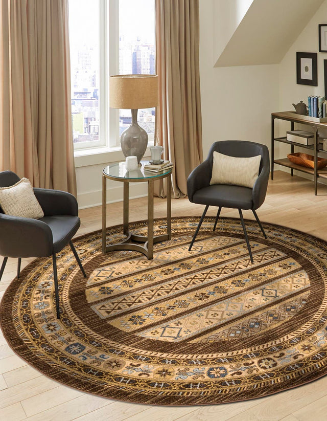 Brown 6' 1 x 6' 1 Fars Round Area Rug 100% Polypropylene Unique Traditional Carpet for Classical Living, Dining Room & Office Spaces for Sale at Rug Engine