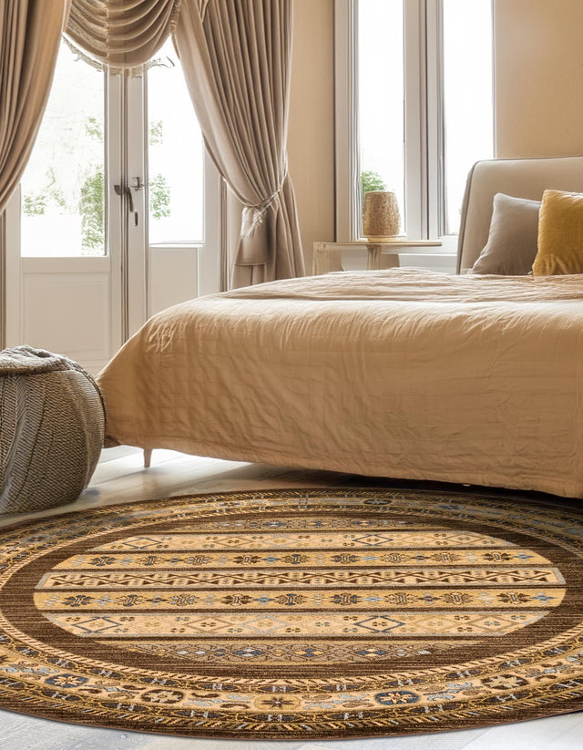 Brown 8' x 8' Fars Round Area Rug 100% Polypropylene Unique Traditional Carpet for Classical Living, Dining Room & Office Spaces for Sale at Rug Engine