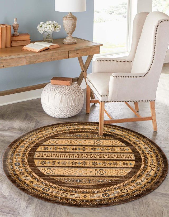 Brown 8' x 8' Fars Round Area Rug 100% Polypropylene Unique Traditional Carpet for Classical Living, Dining Room & Office Spaces for Sale at Rug Engine