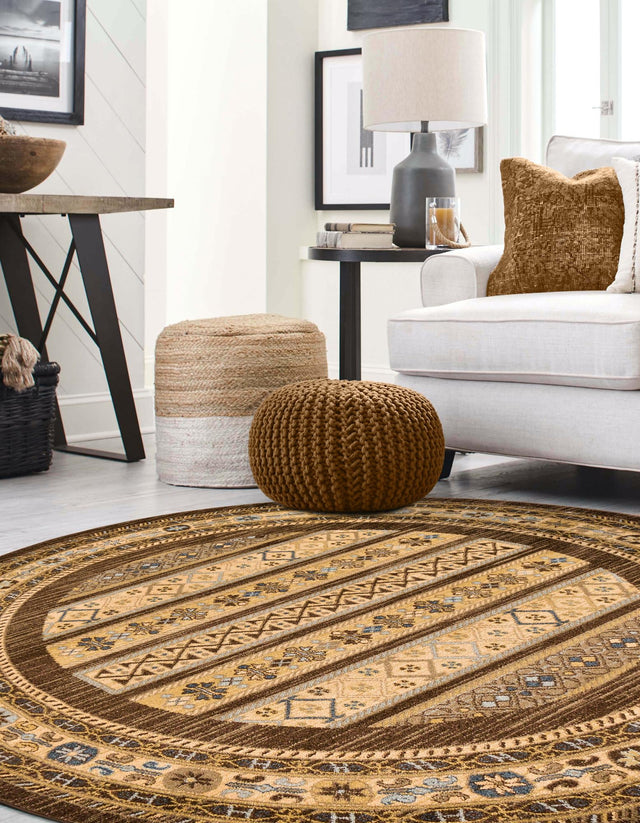 Brown 6' 1 x 6' 1 Fars Round Area Rug 100% Polypropylene Unique Traditional Carpet for Classical Living, Dining Room & Office Spaces for Sale at Rug Engine