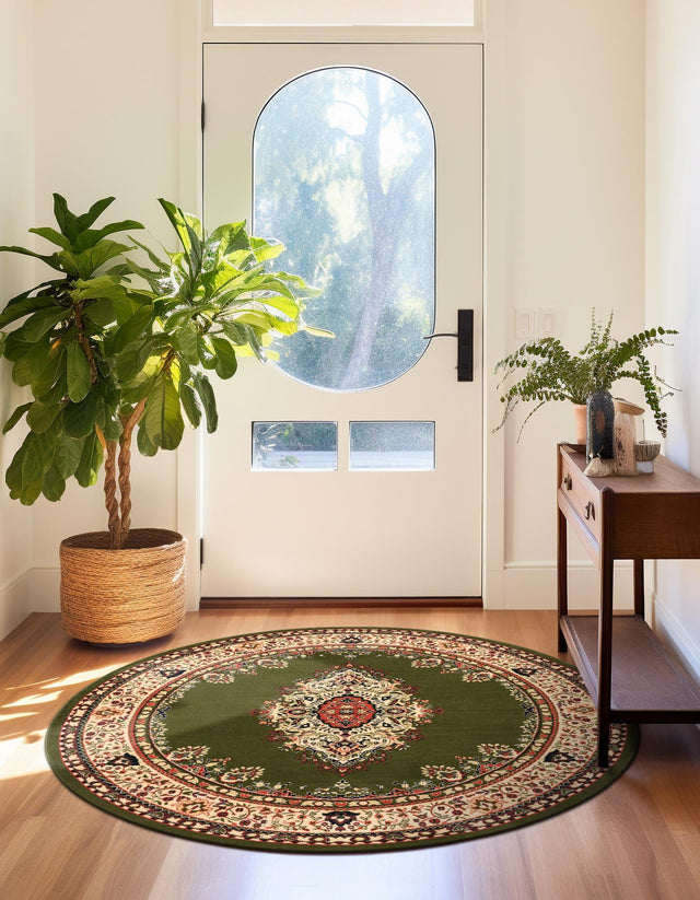 Green 7' 10 x 7' 10 Reza Round Area Rug 100% Polypropylene Easy Clean Traditional Motif Classic Carpet for Home Interiors for Sale at Rug Engine