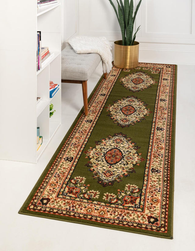 Green 3' 1 x 16' 5 Reza Runner Area Rug 100% Polypropylene Easy Clean Traditional Motif Classic Carpet for Home Interiors for Sale at Rug Engine
