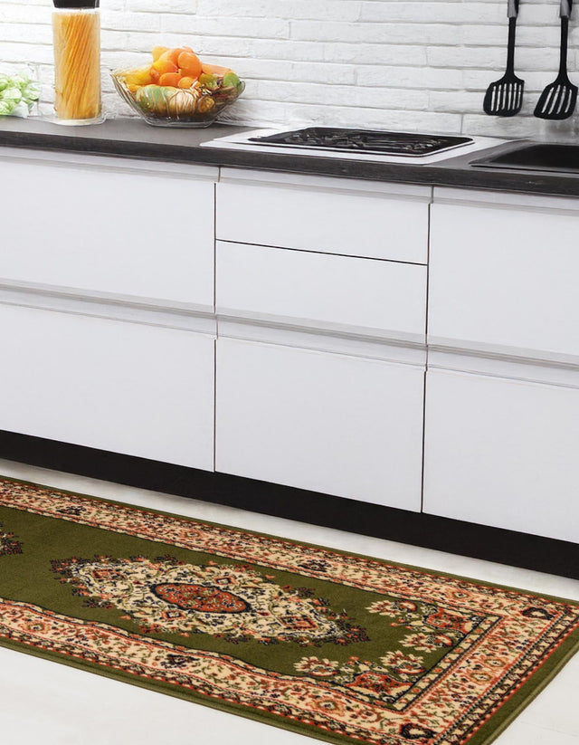 Green 3' 1 x 16' 5 Reza Runner Area Rug 100% Polypropylene Easy Clean Traditional Motif Classic Carpet for Home Interiors for Sale at Rug Engine