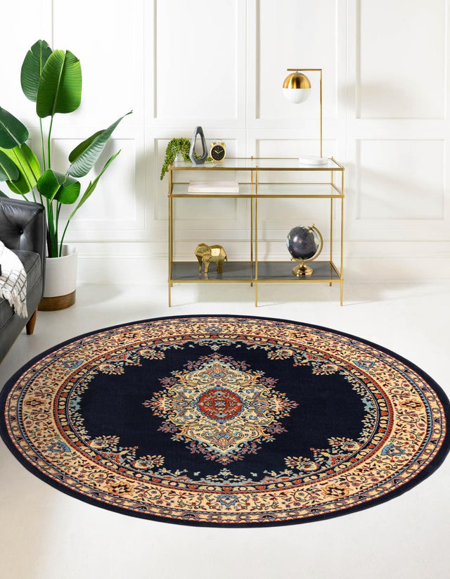 Navy Blue 7' 10 x 7' 10 Reza Round Area Rug 100% Polypropylene Easy Clean Traditional Motif Classic Carpet for Home Interiors for Sale at Rug Engine
