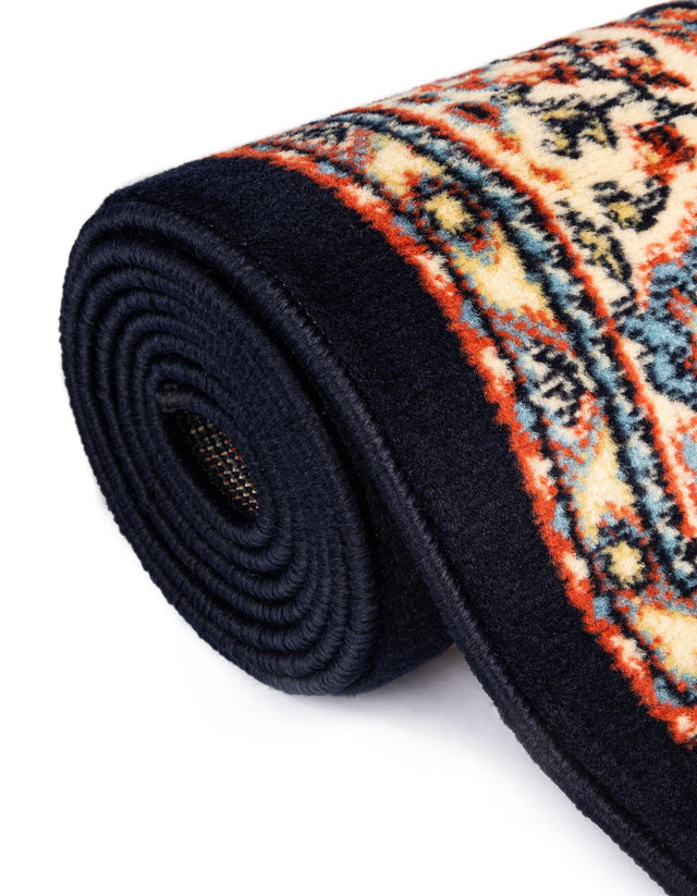 Navy Blue 7' 10 x 7' 10 Reza Round Area Rug 100% Polypropylene Easy Clean Traditional Motif Classic Carpet for Home Interiors for Sale at Rug Engine