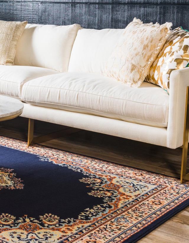 Navy Blue 9' x 12' Reza Rectangle Area Rug 100% Polypropylene Easy Clean Traditional Motif Classic Carpet for Home Interiors for Sale at Rug Engine