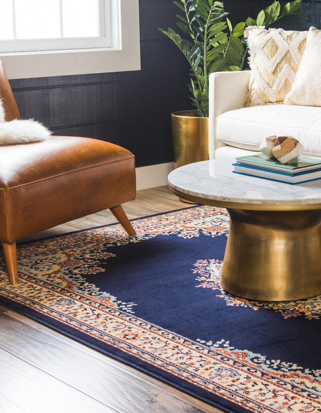 Navy Blue 9' x 12' Reza Rectangle Area Rug 100% Polypropylene Easy Clean Traditional Motif Classic Carpet for Home Interiors for Sale at Rug Engine