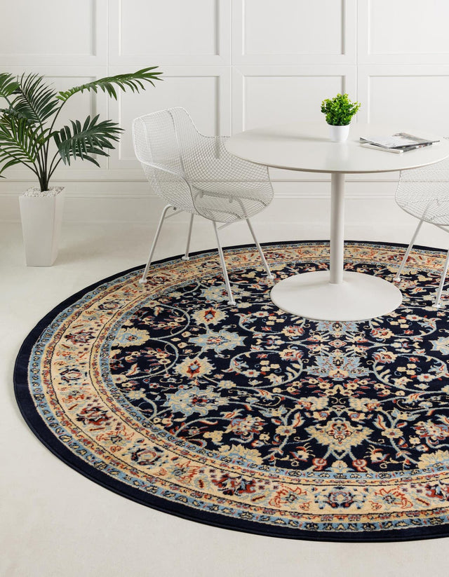 Navy Blue 7' 10 x 7' 10 Sialk Hill Round Area Rug 100% Polypropylene Durable Easy Clean Classic Traditional Design Carpet for Interior Design for Sale at Rug Engine