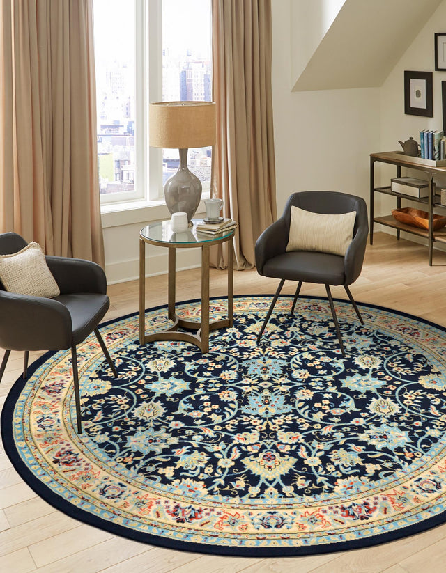 Navy Blue 3' 1 x 3' 1 Sialk Hill Round Area Rug 100% Polypropylene Durable Easy Clean Classic Traditional Design Carpet for Interior Design for Sale at Rug Engine