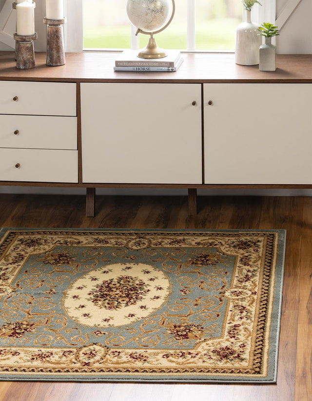 Light Blue 4' 1 x 4' 1 Versailles Square Area Rug Classic Traditional Motif Indoor Carpet for Hallways, Dining Rooms, Bedrooms, Living Room, Office for Sale at Rug Engine