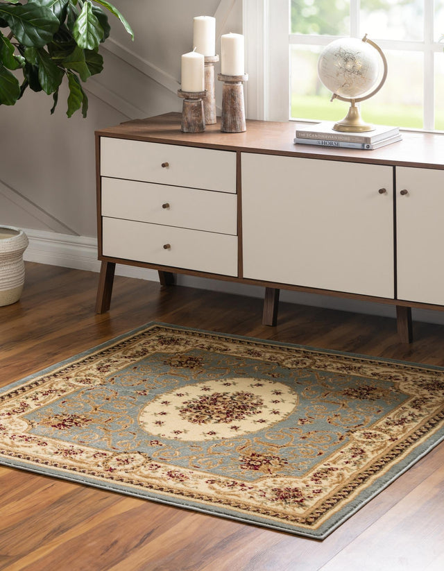 Light Blue 4' 1 x 4' 1 Versailles Square Area Rug Classic Traditional Motif Indoor Carpet for Hallways, Dining Rooms, Bedrooms, Living Room, Office for Sale at Rug Engine