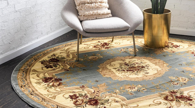 Light Blue 7' 1 x 7' 1 Versailles Round Area Rug Classic Traditional Motif Indoor Carpet for Hallways, Dining Rooms, Bedrooms, Living Room, Office for Sale at Rug Engine