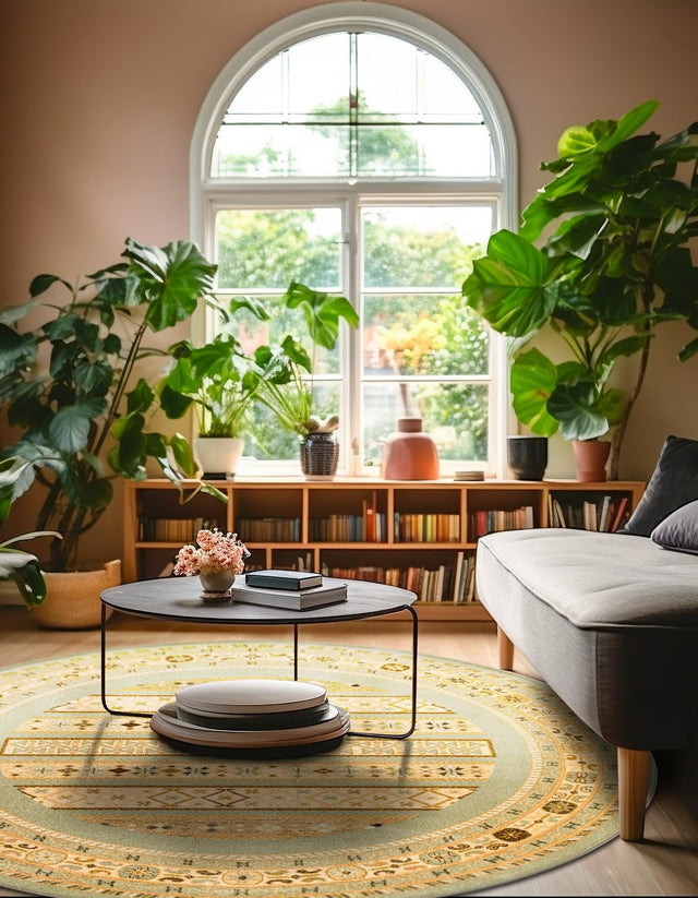 Light Green 8' x 8' Fars Round Area Rug 100% Polypropylene Unique Traditional Carpet for Classical Living, Dining Room & Office Spaces for Sale at Rug Engine