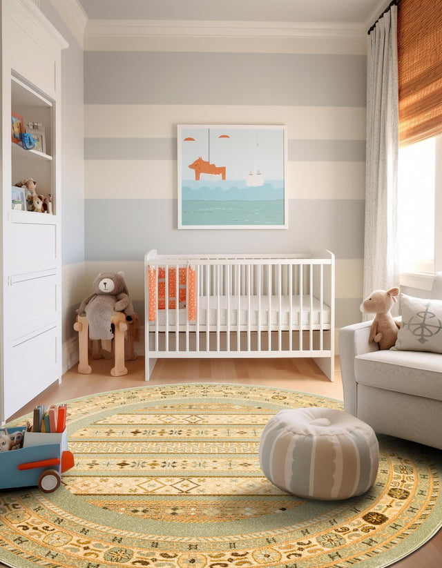 Light Green 8' x 8' Fars Round Area Rug 100% Polypropylene Unique Traditional Carpet for Classical Living, Dining Room & Office Spaces for Sale at Rug Engine