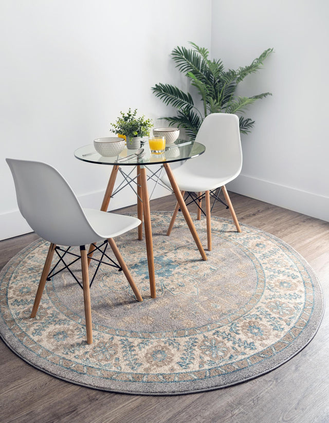 Gray 8' x 8' Salzburg Round Area Rug Stain Resistant Easy Clean Traditional Classic Design Durable Carpet for Affordable Interior Home Decorating for Sale at Rug Engine