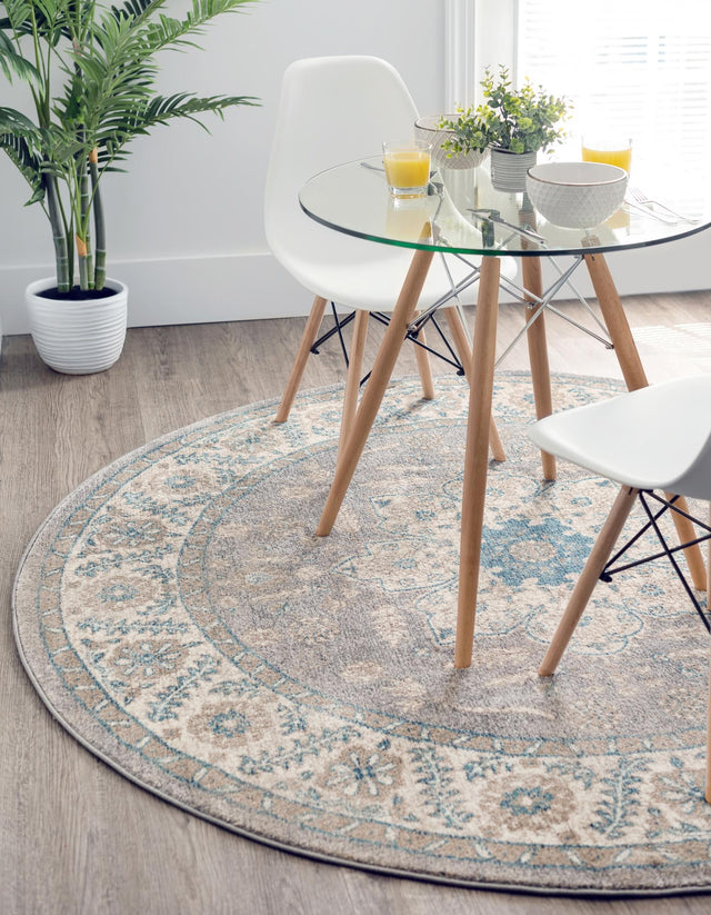 Gray 8' x 8' Salzburg Round Area Rug Stain Resistant Easy Clean Traditional Classic Design Durable Carpet for Affordable Interior Home Decorating for Sale at Rug Engine