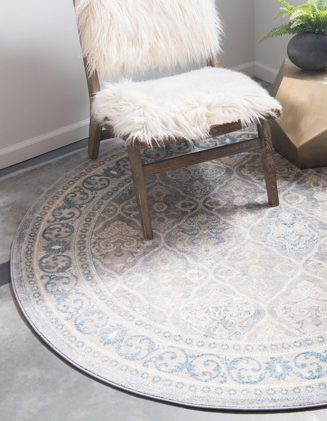 Gray 8' x 8' Salzburg Round Area Rug Stain Resistant Easy Clean Traditional Classic Design Durable Carpet for Affordable Interior Home Decorating for Sale at Rug Engine