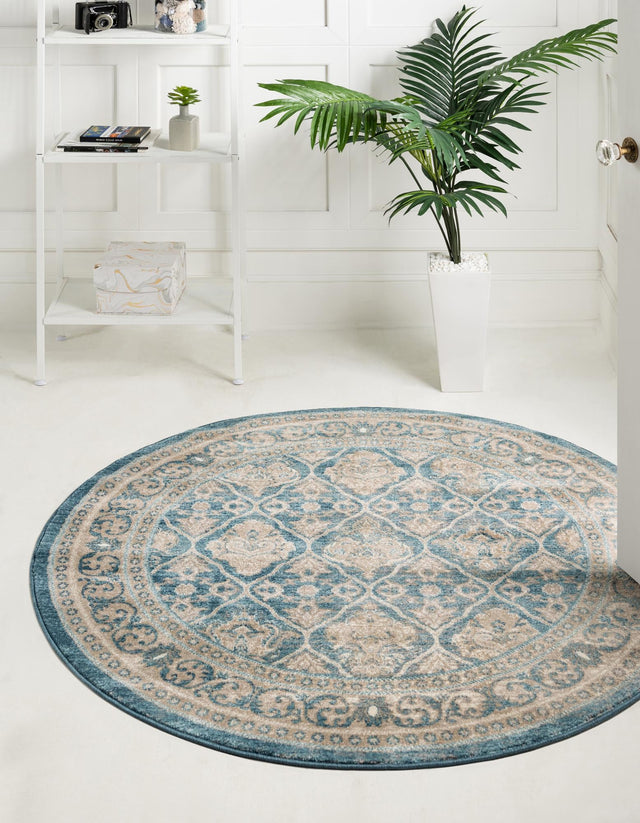 Light Blue 7' 3 x 7' 3 Salzburg Round Area Rug Stain Resistant Easy Clean Traditional Classic Design Durable Carpet for Affordable Interior Home Decorating for Sale at Rug Engine