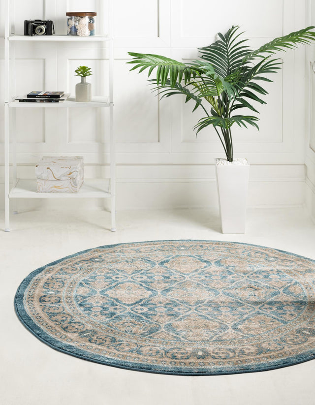 Light Blue 7' 3 x 7' 3 Salzburg Round Area Rug Stain Resistant Easy Clean Traditional Classic Design Durable Carpet for Affordable Interior Home Decorating for Sale at Rug Engine