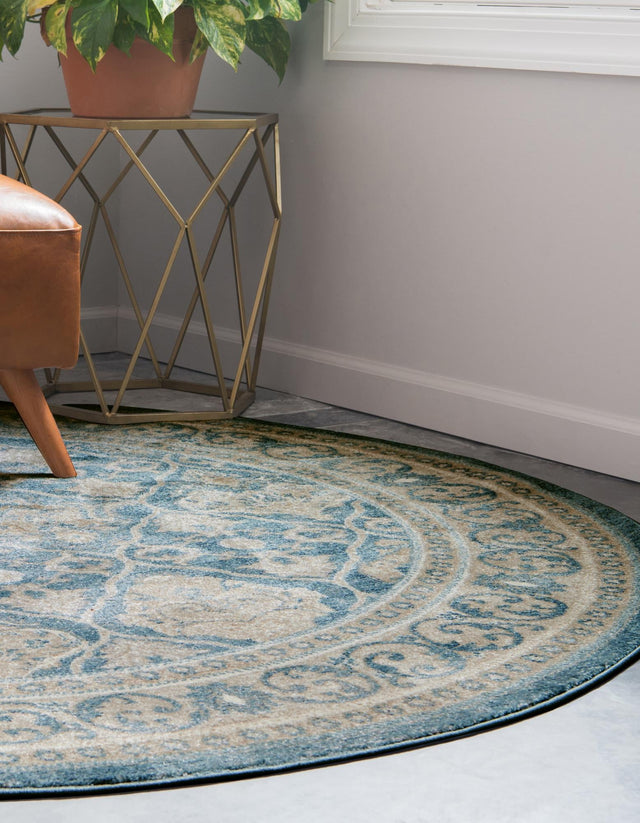 Light Blue 7' 3 x 7' 3 Salzburg Round Area Rug Stain Resistant Easy Clean Traditional Classic Design Durable Carpet for Affordable Interior Home Decorating for Sale at Rug Engine