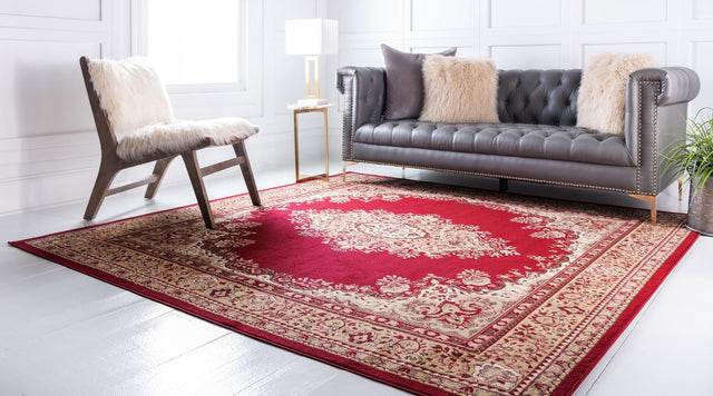 Burgundy 7' 10 x 7' 10 Reza Square Area Rug 100% Polypropylene Easy Clean Traditional Motif Classic Carpet for Home Interiors for Sale at Rug Engine