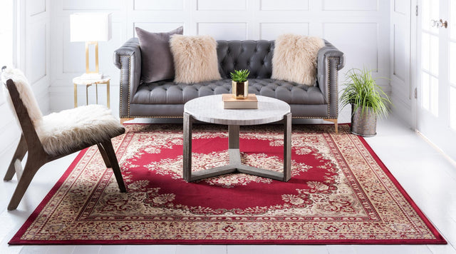 Burgundy 7' 10 x 7' 10 Reza Square Area Rug 100% Polypropylene Easy Clean Traditional Motif Classic Carpet for Home Interiors for Sale at Rug Engine