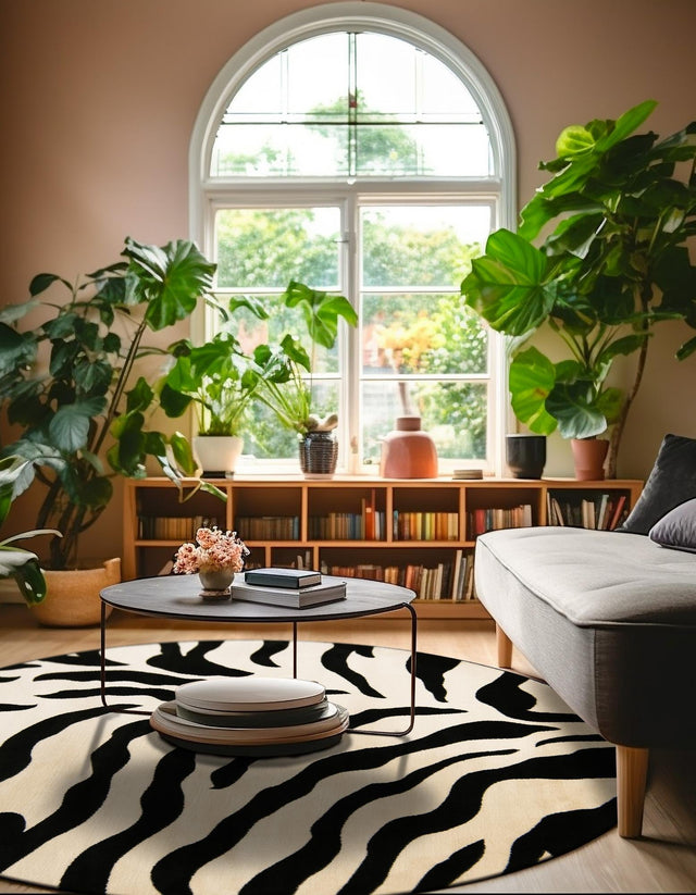 Ivory 4' 1 x 4' 1 Wildlife Round Area Rug Animal Print Safari Jungle Inspired Carpet for Unique Modern Interior Design for Sale at Rug Engine