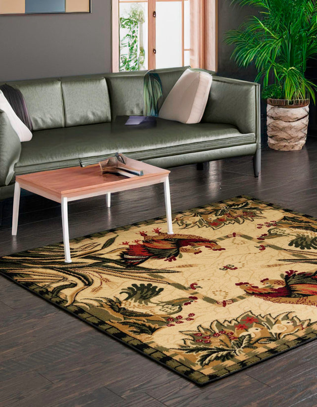 Cream 6' 1 x 6' 1 Barnyard Square Area Rug 100% Polypropylene With Cotton Backing Traditional Cottage Rustic Classical Carpet for Living Office Bedroom Dining Room Easy to Clean Long Lasting & Durable Decor for Sale at Rug Engine