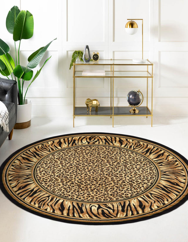 Light Brown 7' 10 x 7' 10 Wildlife Round Area Rug Animal Print Safari Jungle Inspired Carpet for Unique Modern Interior Design for Sale at Rug Engine