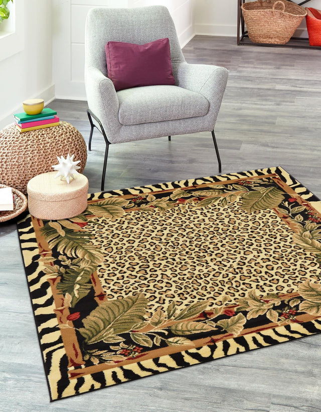 Cream 7' 1 x 7' 1 Wildlife Square Area Rug Animal Print Safari Jungle Inspired Carpet for Unique Modern Interior Design for Sale at Rug Engine