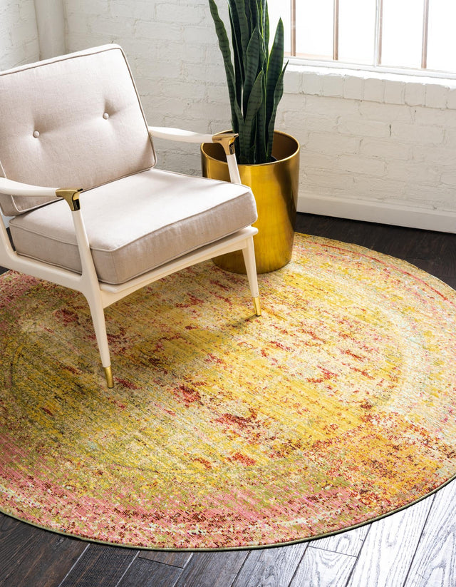 Yellow 6' 1 x 6' 1 Austin Round Area Rug 100% Polyester Durable Cotton Backing Living Dining Room Bedroom Office Vintage Decor Carpet for Sale at Rug Engine