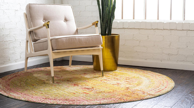Yellow 6' 1 x 6' 1 Austin Round Area Rug 100% Polyester Durable Cotton Backing Living Dining Room Bedroom Office Vintage Decor Carpet for Sale at Rug Engine