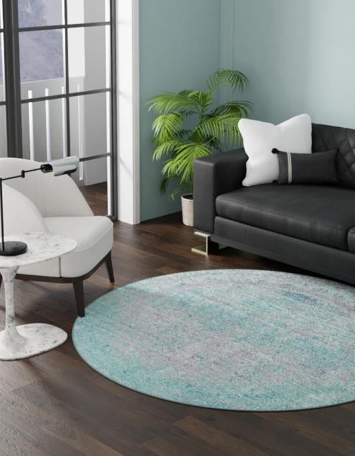 Light Blue 6' 1 x 6' 1 Austin Round Area Rug 100% Polyester Durable Cotton Backing Living Dining Room Bedroom Office Vintage Decor Carpet for Sale at Rug Engine
