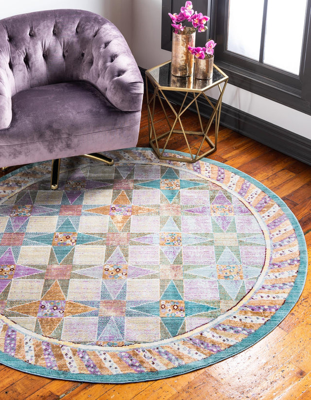 Multicolor 6' 1 x 6' 1 Austin Round Area Rug 100% Polyester Durable Cotton Backing Living Dining Room Bedroom Office Vintage Decor Carpet for Sale at Rug Engine