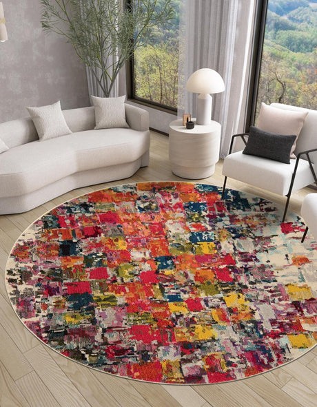 Multicolor 6' 1 x 6' 1 Estrella Round Area Rug 100% Polypropylene Non-Shedding Stain Resistant Carpet Colorful Modern Abstract Design Easy Clean for Home Decor for Sale at Rug Engine