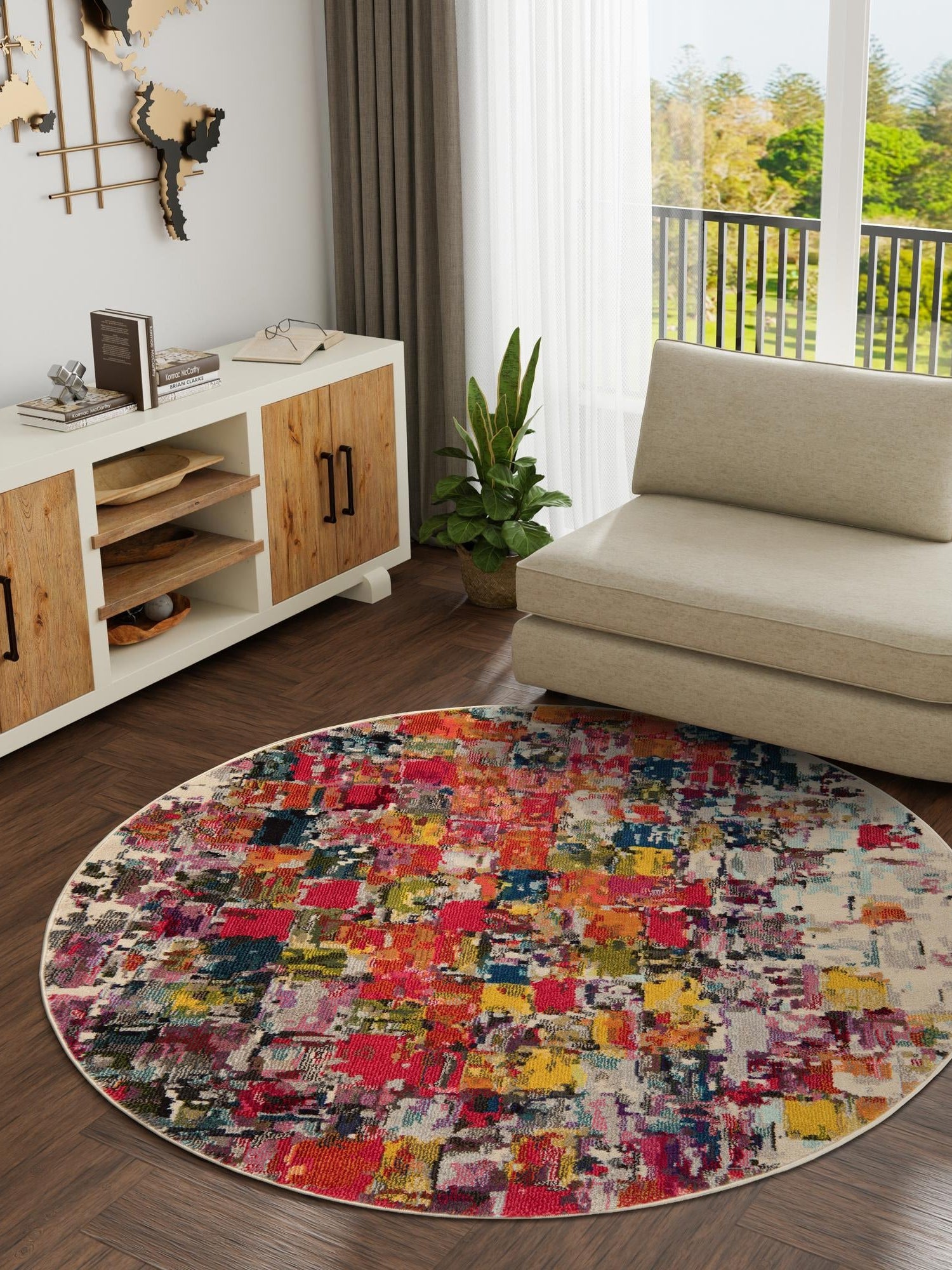 Multicolor 8' x 8' Estrella Round Area Rug 100% Polypropylene Non-Shedding Stain Resistant Carpet Colorful Modern Abstract Design Easy Clean for Home Decor for Sale at Rug Engine