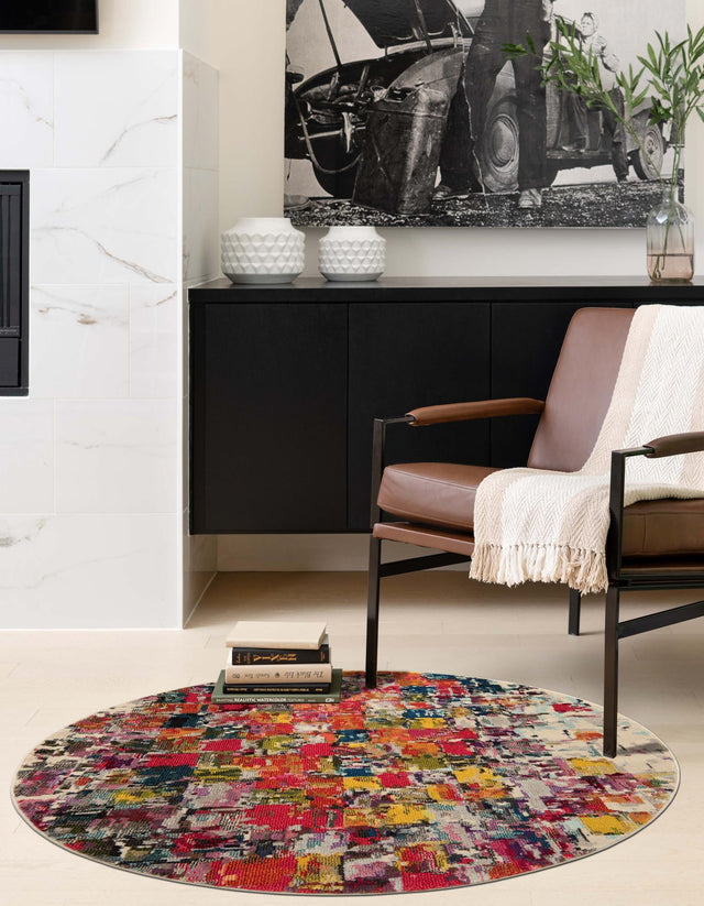 Multicolor 6' 1 x 6' 1 Estrella Round Area Rug 100% Polypropylene Non-Shedding Stain Resistant Carpet Colorful Modern Abstract Design Easy Clean for Home Decor for Sale at Rug Engine