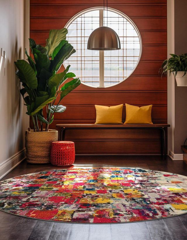Multicolor 6' 1 x 6' 1 Estrella Round Area Rug 100% Polypropylene Non-Shedding Stain Resistant Carpet Colorful Modern Abstract Design Easy Clean for Home Decor for Sale at Rug Engine