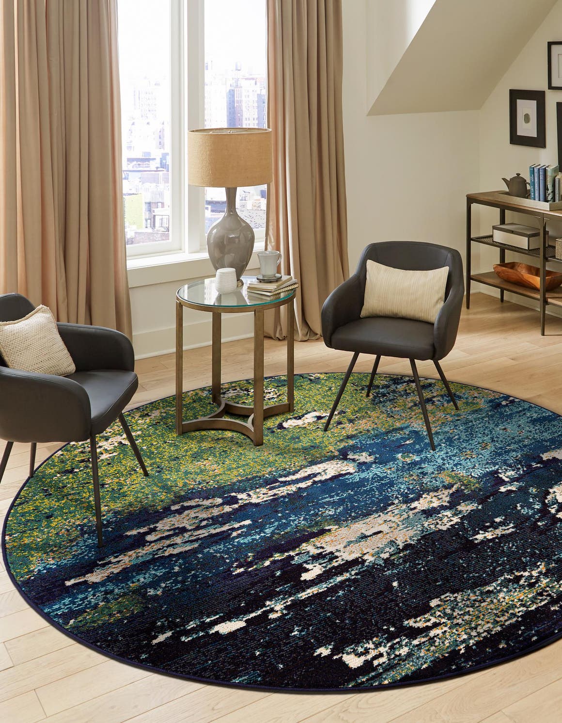 Navy Blue 8' x 8' Estrella Round Area Rug 100% Polypropylene Non-Shedding Stain Resistant Carpet Colorful Modern Abstract Design Easy Clean for Home Decor for Sale at Rug Engine