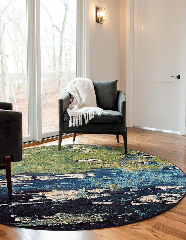 Navy Blue 8' x 8' Estrella Round Area Rug 100% Polypropylene Non-Shedding Stain Resistant Carpet Colorful Modern Abstract Design Easy Clean for Home Decor for Sale at Rug Engine