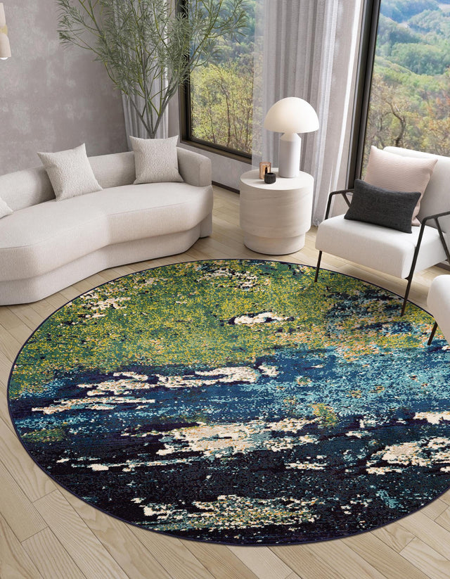 Navy Blue 8' x 8' Estrella Round Area Rug 100% Polypropylene Non-Shedding Stain Resistant Carpet Colorful Modern Abstract Design Easy Clean for Home Decor for Sale at Rug Engine