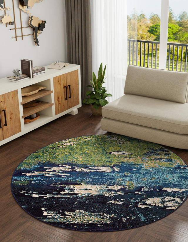 Navy Blue 8' x 8' Estrella Round Area Rug 100% Polypropylene Non-Shedding Stain Resistant Carpet Colorful Modern Abstract Design Easy Clean for Home Decor for Sale at Rug Engine