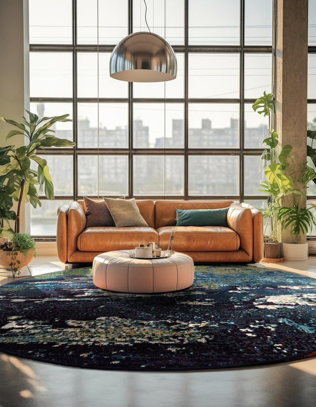 Navy Blue 6' 1 x 6' 1 Estrella Round Area Rug 100% Polypropylene Non-Shedding Stain Resistant Carpet Colorful Modern Abstract Design Easy Clean for Home Decor for Sale at Rug Engine