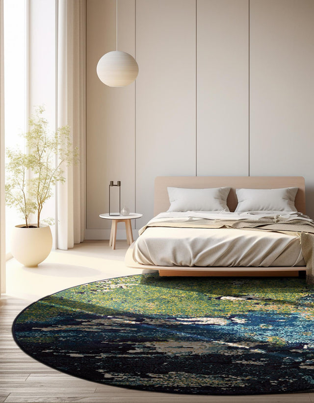 Navy Blue 8' x 8' Estrella Round Area Rug 100% Polypropylene Non-Shedding Stain Resistant Carpet Colorful Modern Abstract Design Easy Clean for Home Decor for Sale at Rug Engine