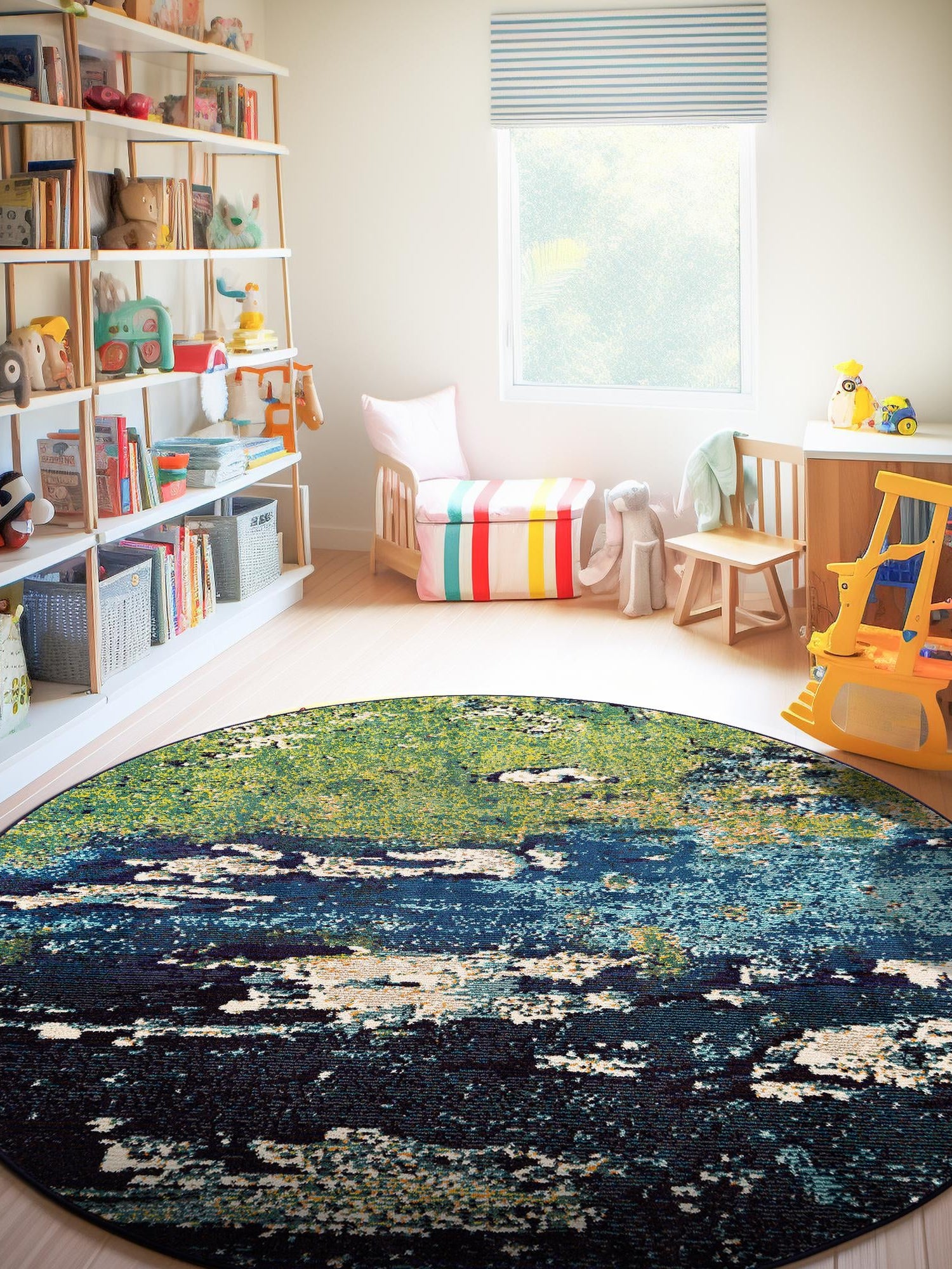 Navy Blue 6' 1 x 6' 1 Estrella Round Area Rug 100% Polypropylene Non-Shedding Stain Resistant Carpet Colorful Modern Abstract Design Easy Clean for Home Decor for Sale at Rug Engine