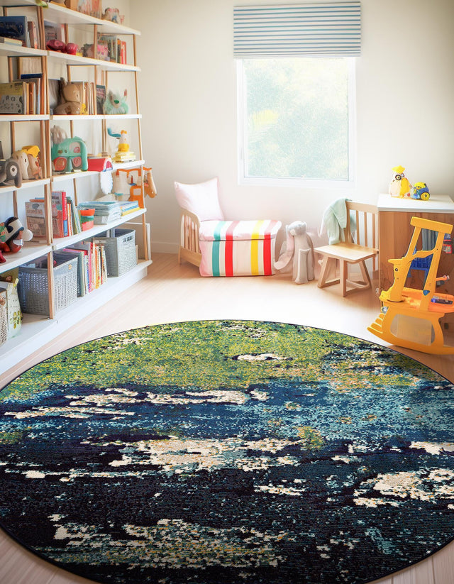 Navy Blue 6' 1 x 6' 1 Estrella Round Area Rug 100% Polypropylene Non-Shedding Stain Resistant Carpet Colorful Modern Abstract Design Easy Clean for Home Decor for Sale at Rug Engine