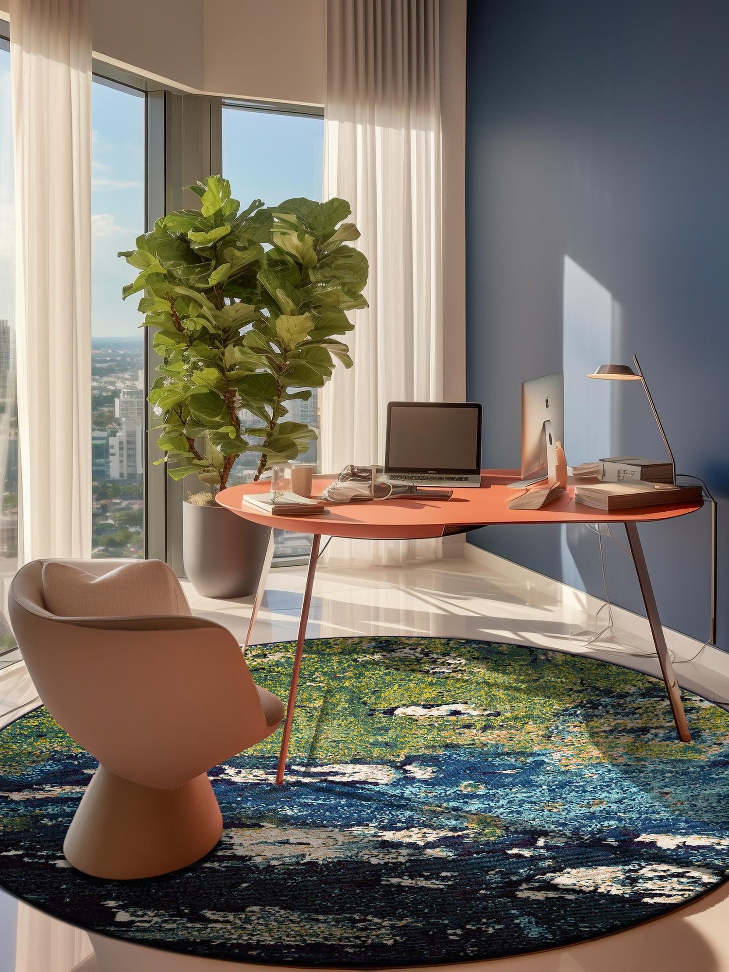Navy Blue 6' 1 x 6' 1 Estrella Round Area Rug 100% Polypropylene Non-Shedding Stain Resistant Carpet Colorful Modern Abstract Design Easy Clean for Home Decor for Sale at Rug Engine